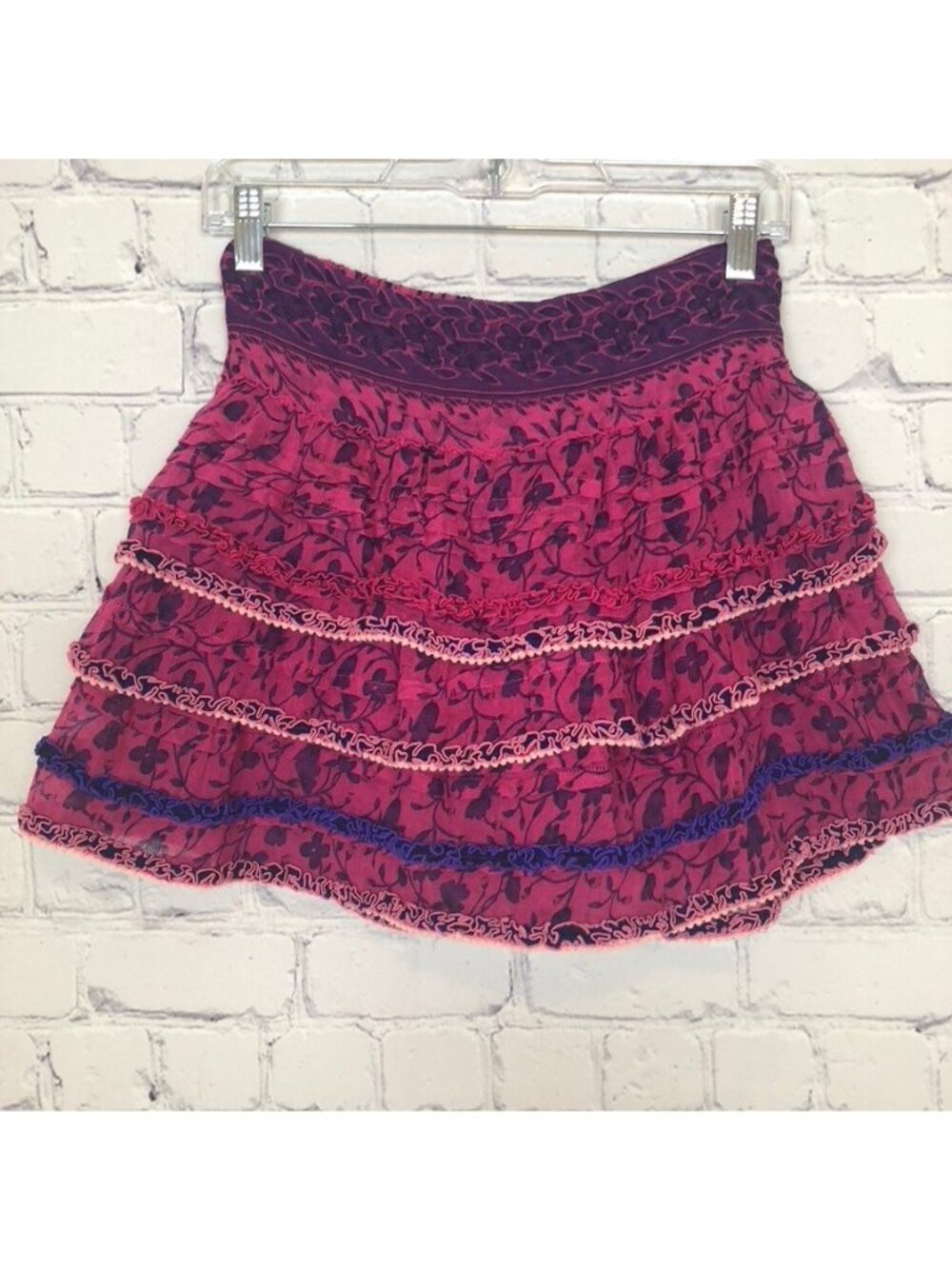 Poupette St Barth Purple Magenta Floral Tiered Skirt Size S